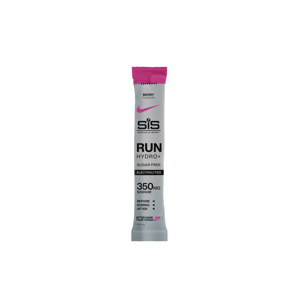 A single stick pack of SIS Run Hydro+ sugar free electrolyte powder, featuring a light gray tube with a bright pink cap, on a solid white background.