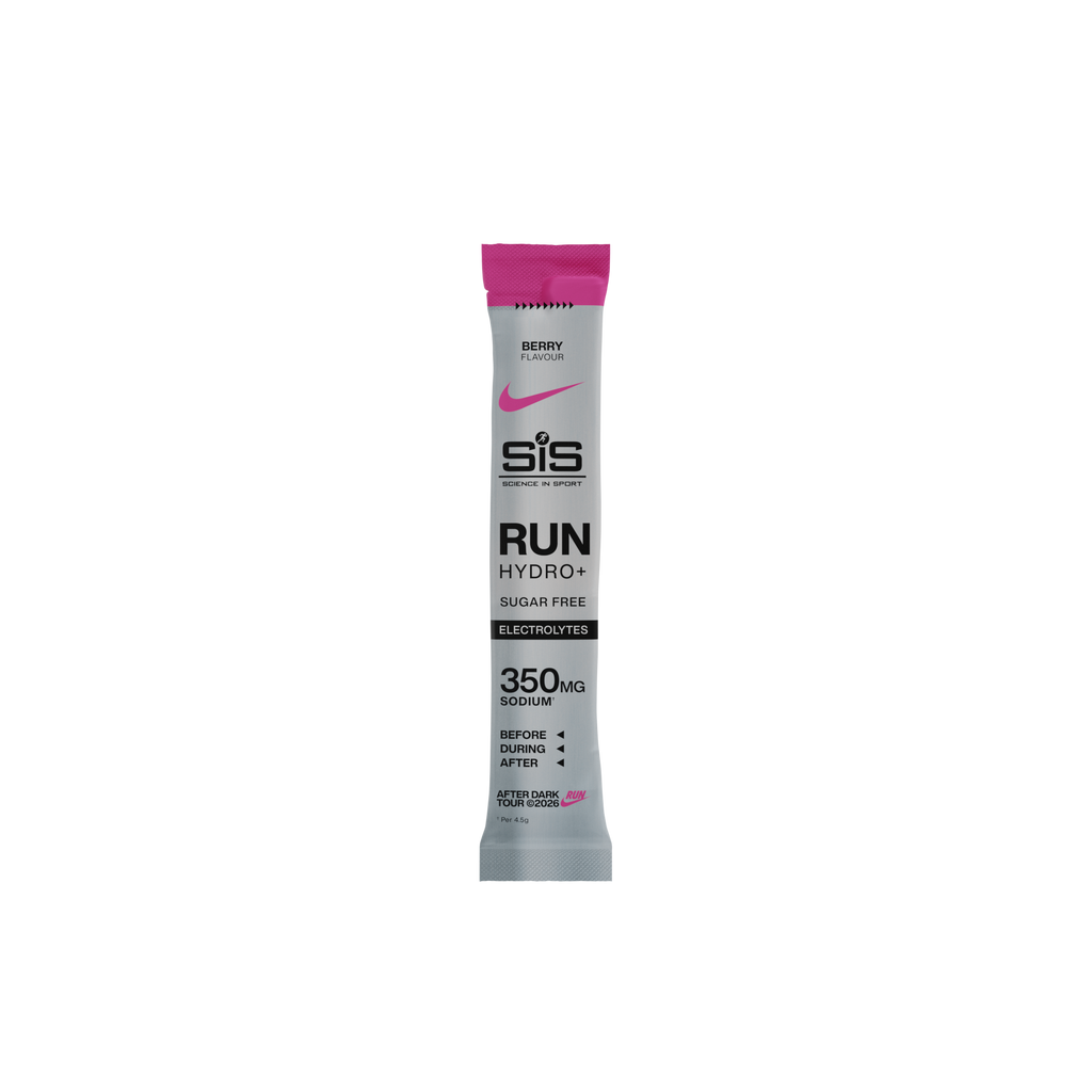 A single stick pack of SIS Run Hydro+ sugar free electrolyte powder, featuring a light gray tube with a bright pink cap, on a solid white background.