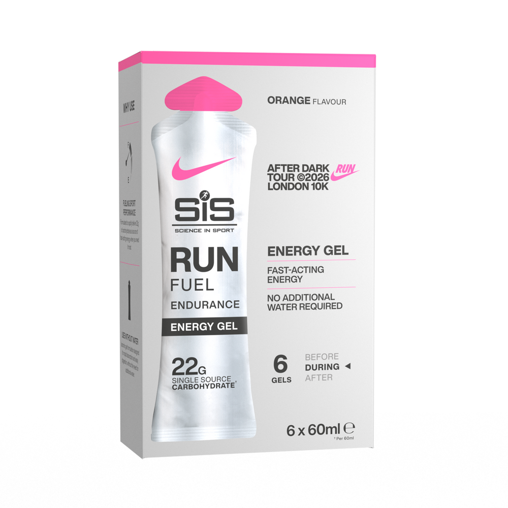 A box of SIS Run Fuel Energy Gel, orange flavour, containing 6 x 60 mL gel packets. The packaging is primarily grey with bright pink accents, black text, and a pink Nike swoosh logo.