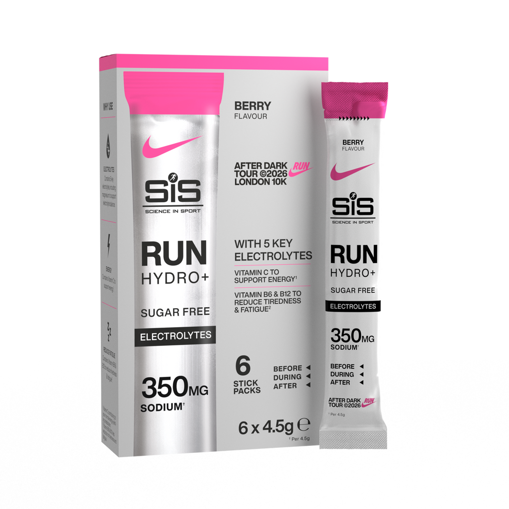 Sis Run Hydro+ Berry Flavour electrolyte stick packs shown with one individual packet and a box of six on a plain white background.