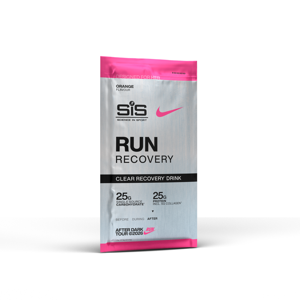 A silver and pink package of SIS Run Recovery clear recovery drink, featuring the SIS logo and a pink Nike swoosh on a clean white background.