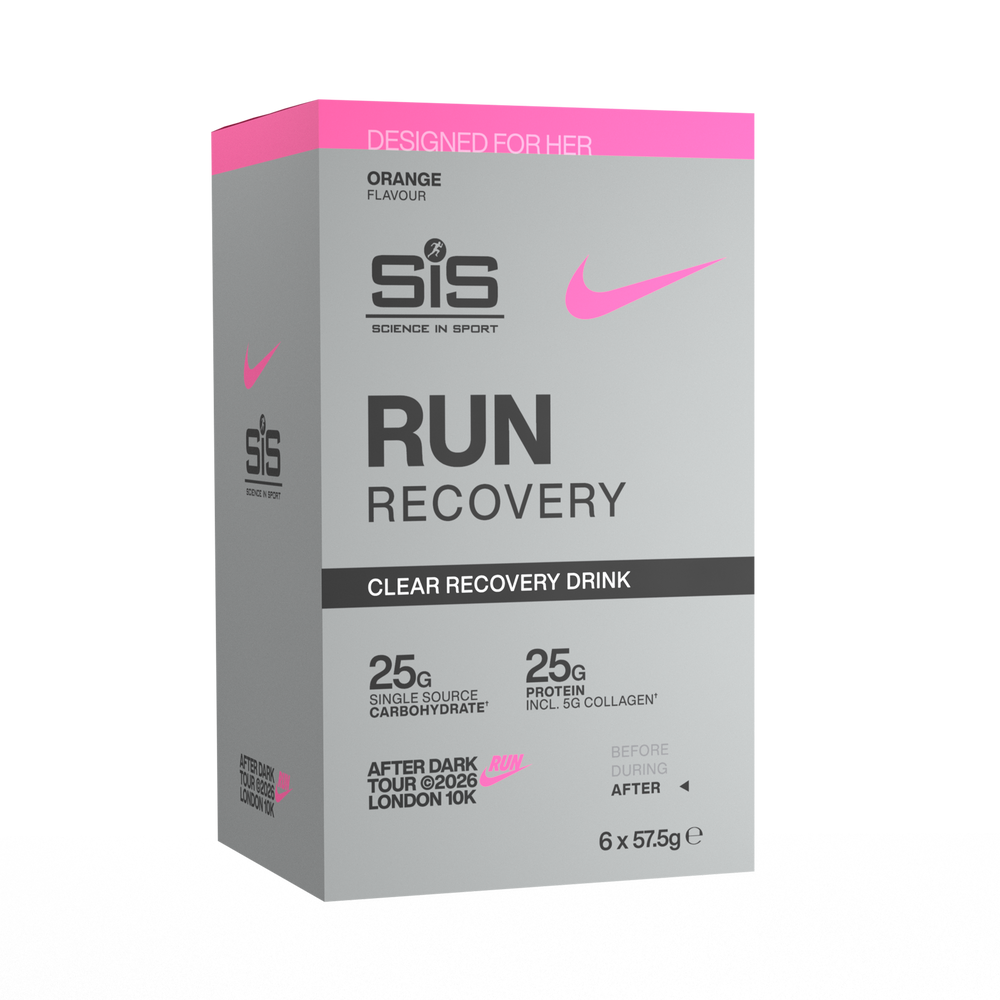 A box of SIS Science in Sport Run Recovery Clear Recovery Drink, orange flavour, featuring a gray and pink design with black and pink text.